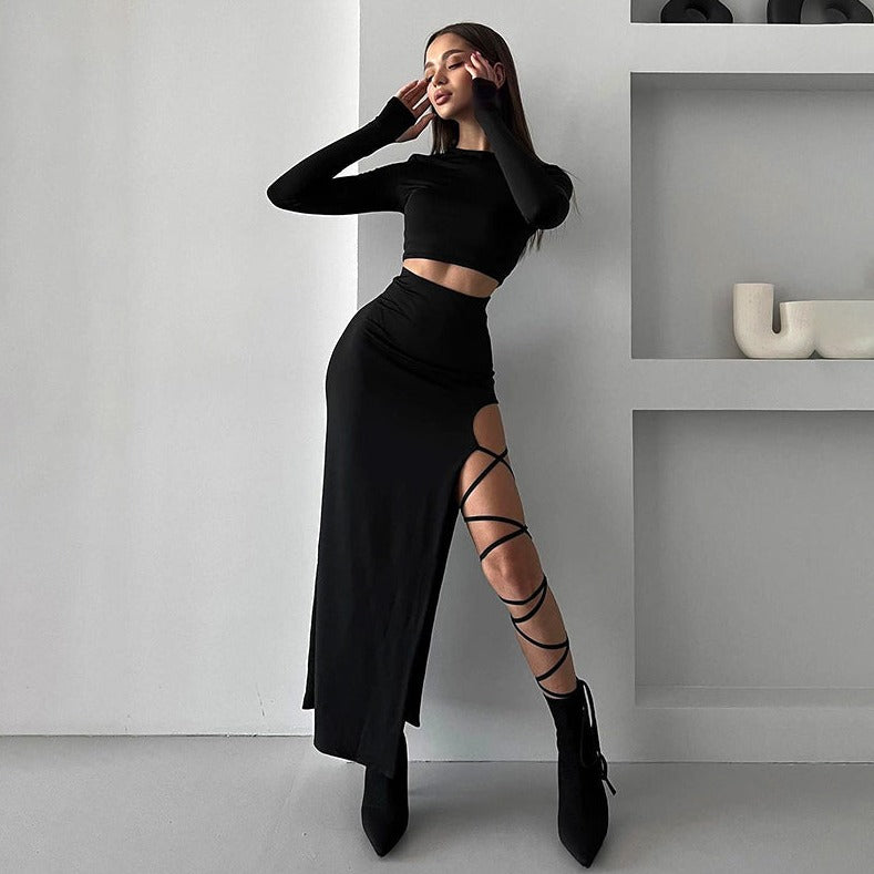 Chic Women's Y2k Two-Piece Long Sleeve Crop Top and High Slit Sexy Tie Skirt Set