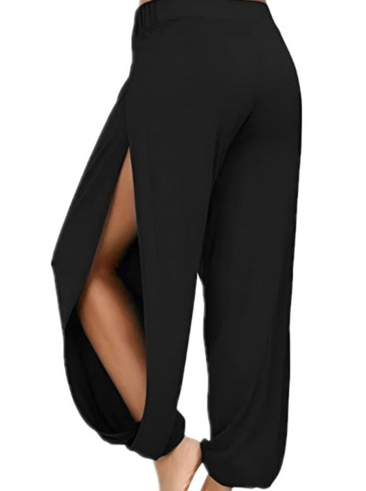 Plain Casual High Waist Wide Leg Harem Yoga Pants With Side Slit