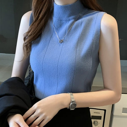 Elegant Casual Sleeveless Knitted Half Turtleneck Blouse