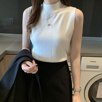 Elegant Casual Sleeveless Knitted Half Turtleneck Blouse