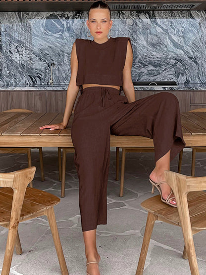 Casual Two Piece Linen Pants & Crop Top Set