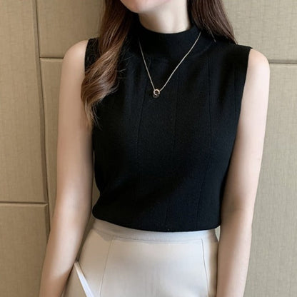 Elegant Casual Sleeveless Knitted Half Turtleneck Blouse