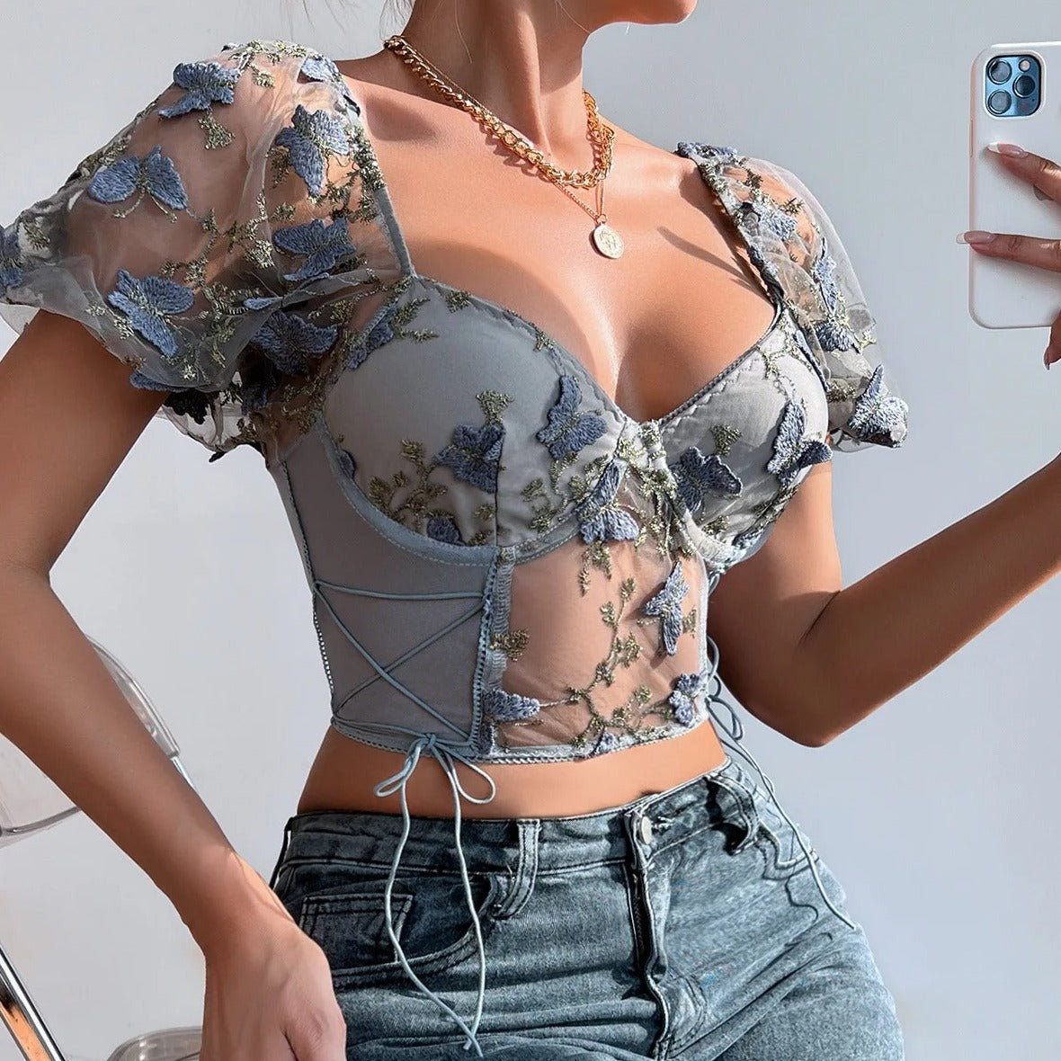 Sexy Butterfly Embroidered V Neck Puff Sleeve Crop Top Blouse