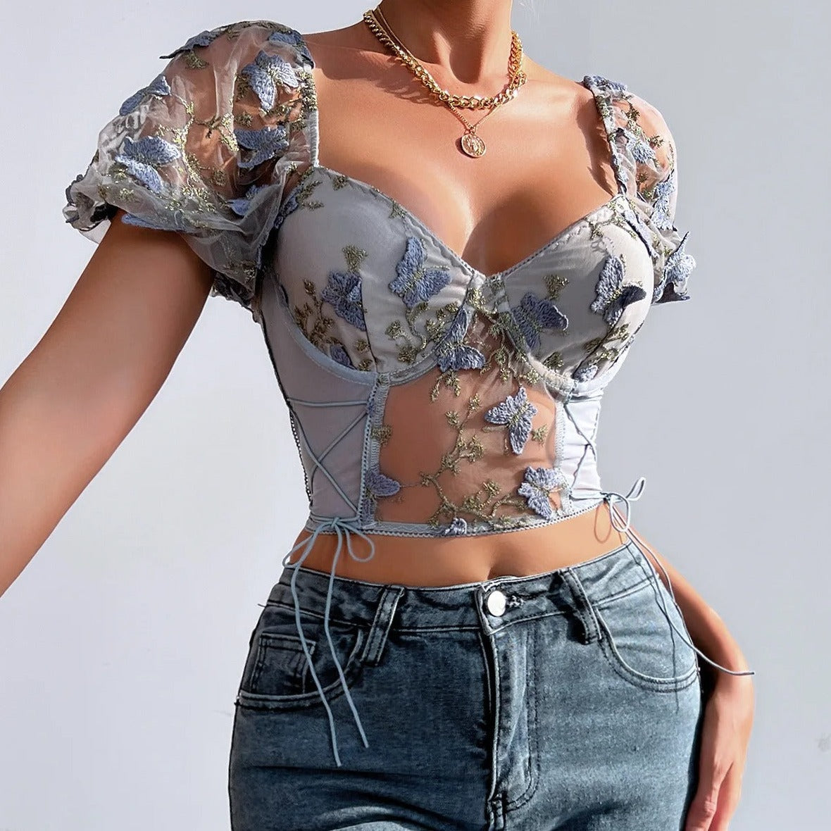 Sexy Butterfly Embroidered V Neck Puff Sleeve Crop Top Blouse