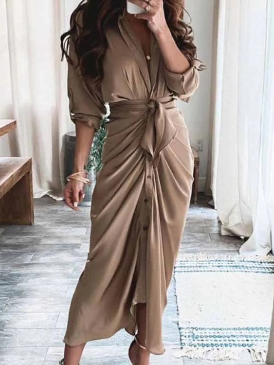 Elegant V-Neck Casual Dress with Belted Waist