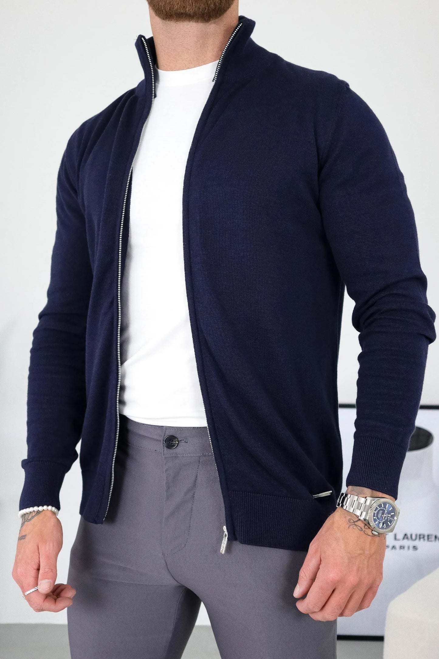 THE SANTONI FULL ZIP SWEATER - BLAUW