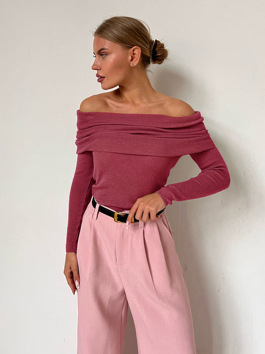 Solid Color Off Shoulder Long Sleeves Pull Over Shirt