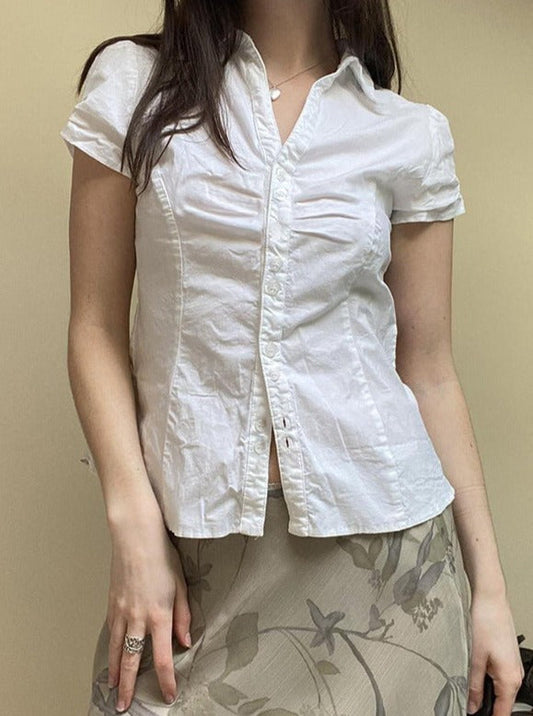 Women's Small Pleated Simple Back Strap Short Sleeve Shirt