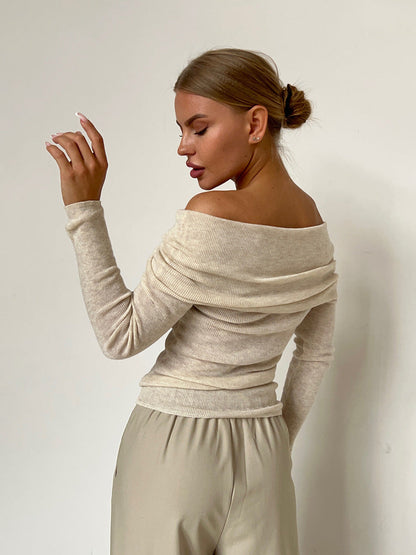 Beige Off Shoulder Long Sleeves Pull Over Shirt