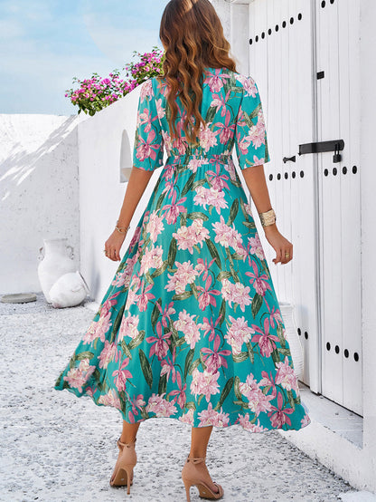 Green Floral Printed Large Swing Dress