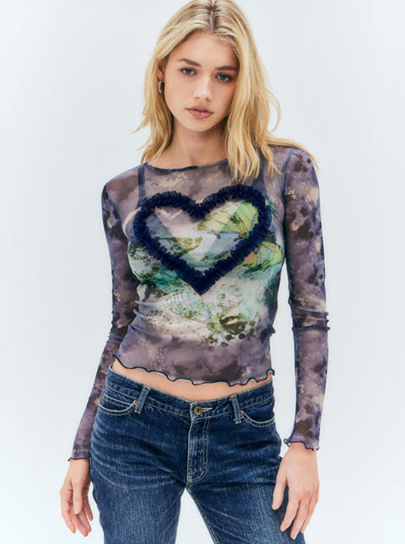 Long Sleeve Round Neck Mesh Heart Printed Shirt