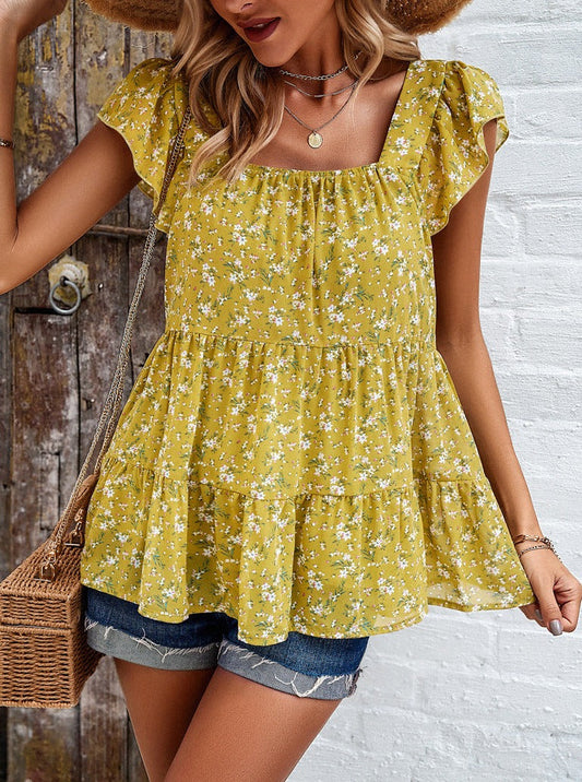 Yellow Floral Print Square Neck Temperament Top