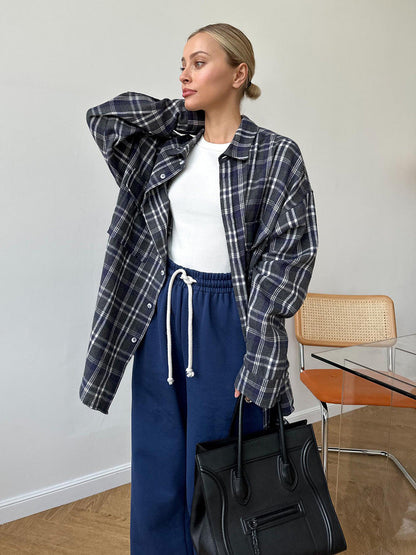 Blue Loose Retro Double Pocket Plain Long Sleeve Shirt