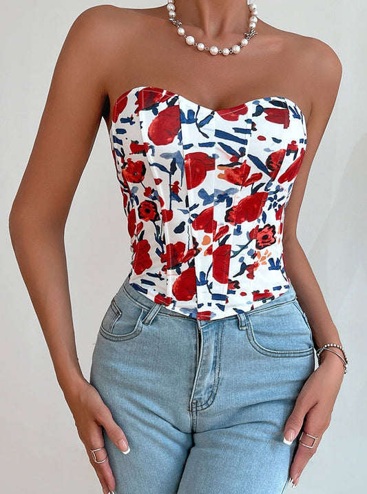 Sexy Low-Cut Red Flower Wrapped Chest Fishbone Waist Top