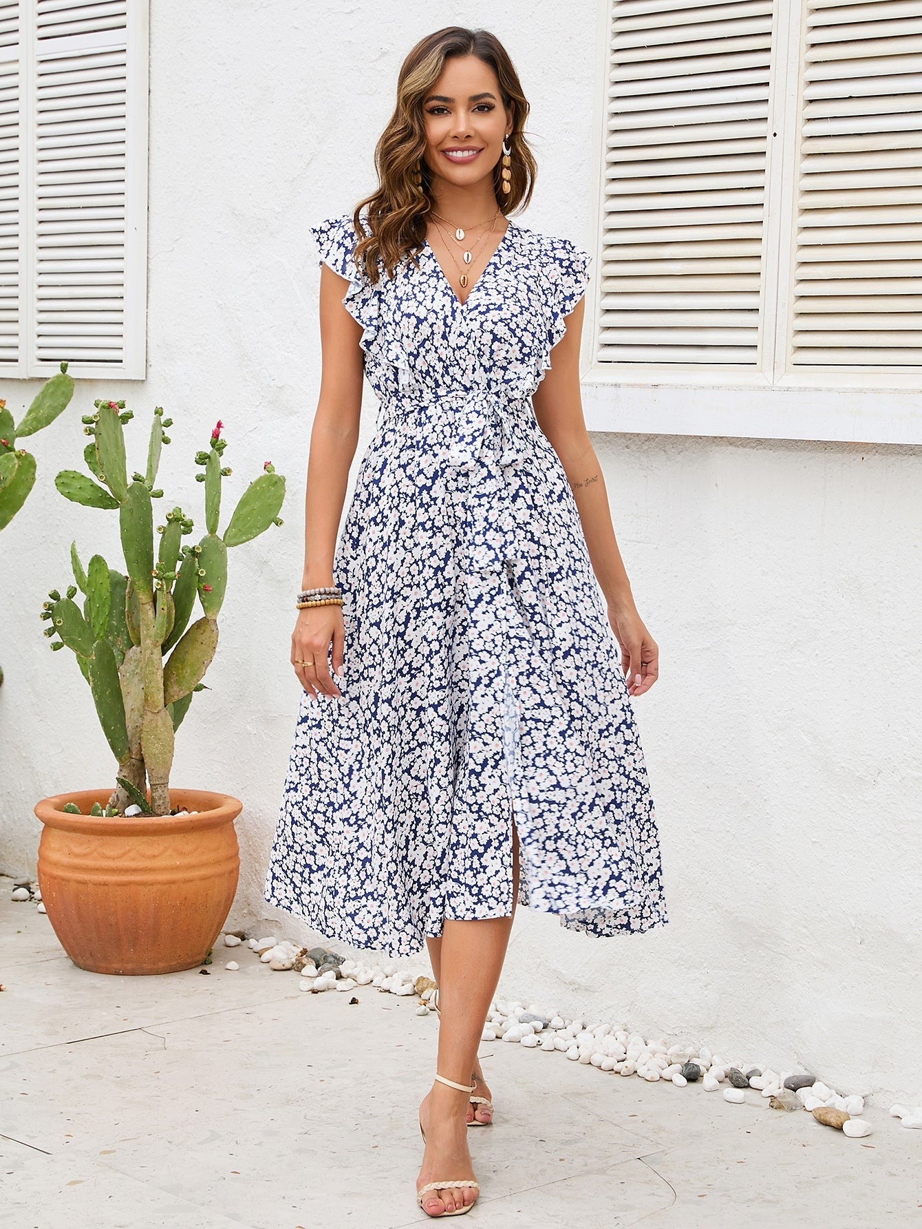 Lotus Leaf Sleeve V-Neck Bohemian Swing Dress