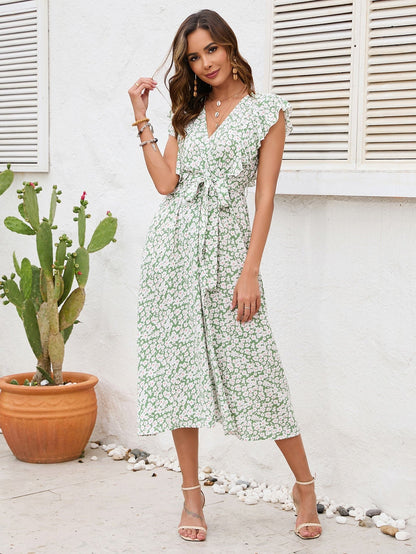 Lotus Leaf Sleeve V-Neck Bohemian Swing Dress