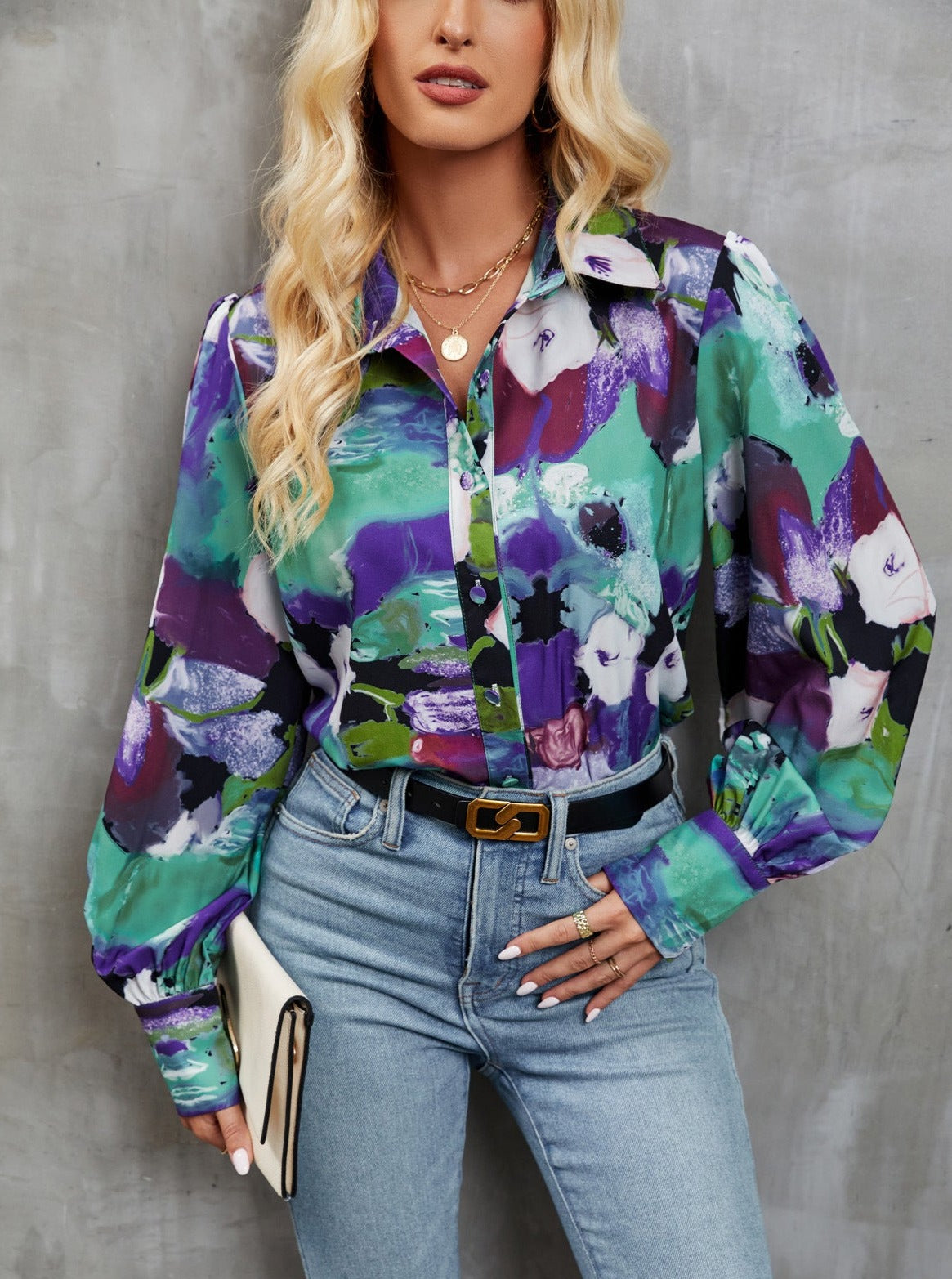 Casual Floral Print Button Up Long Sleeve Shirt