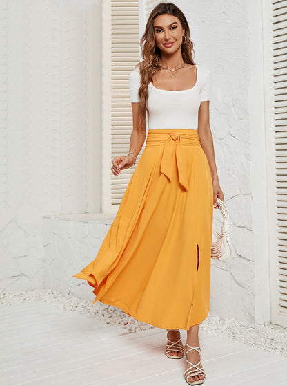 Solid Color Tie Waist Flared Lace Skirt