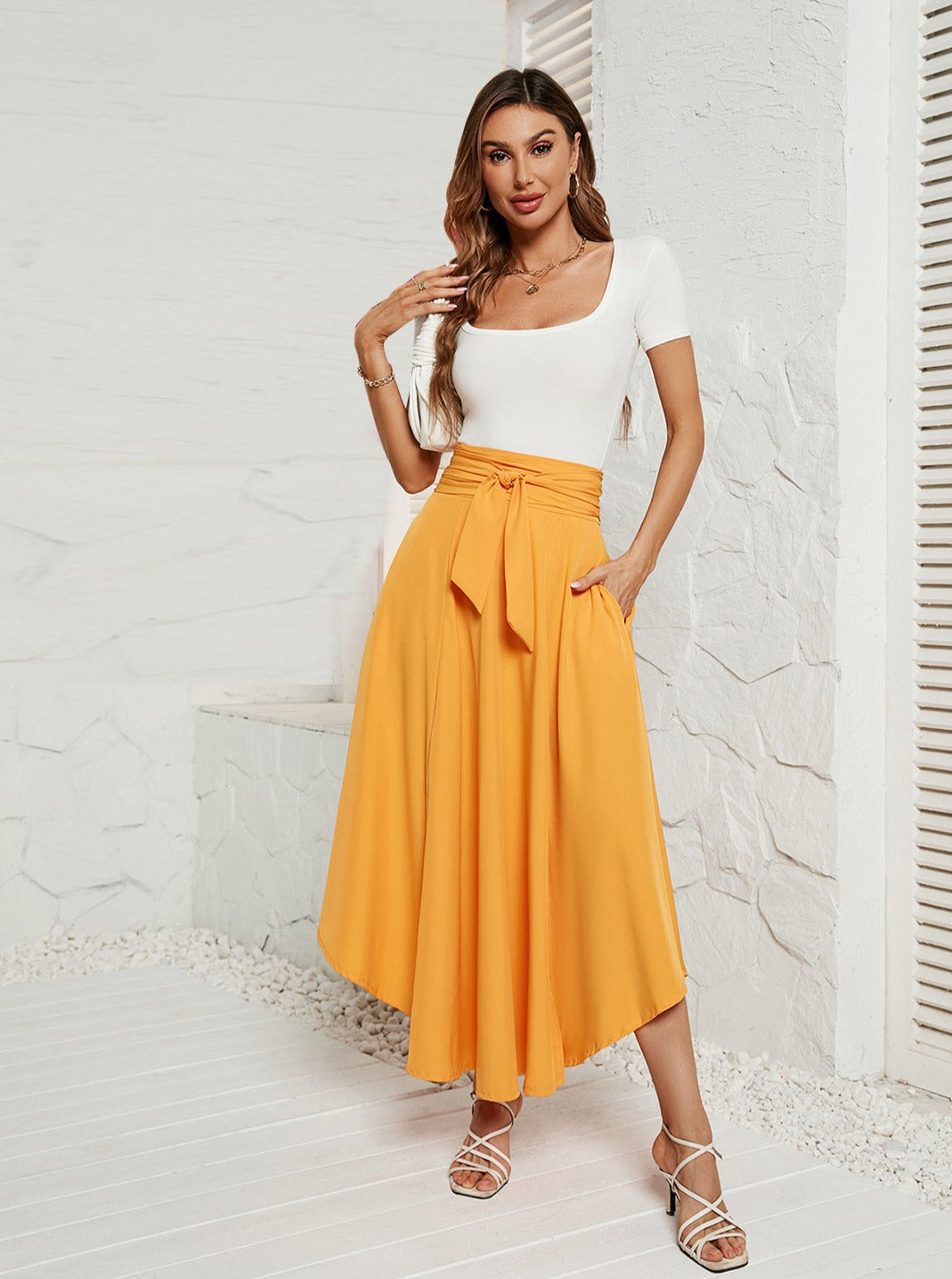 Solid Color Tie Waist Flared Lace Skirt