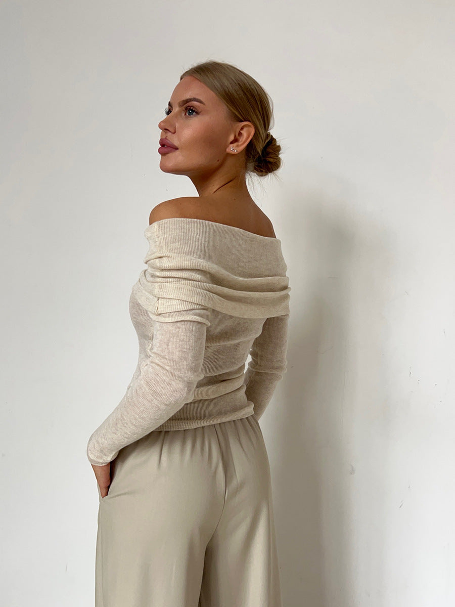 Beige Off Shoulder Long Sleeves Pull Over Shirt