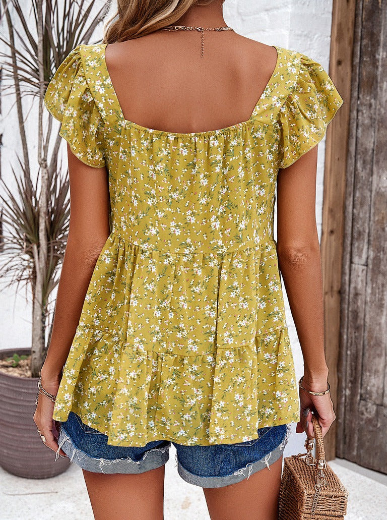 Yellow Floral Print Square Neck Temperament Top