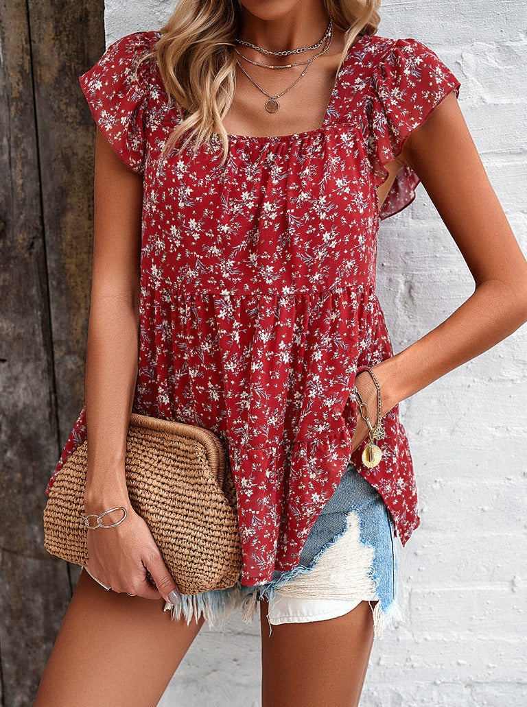 Red Floral Print Square Neck Temperament Top