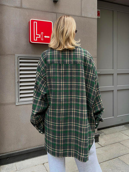 Green Loose Retro Double Pocket Plain Long Sleeve Shirt