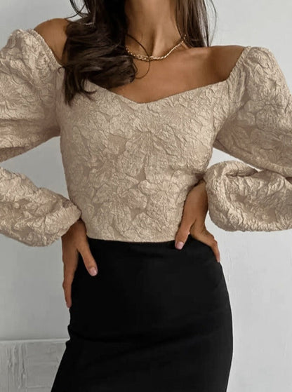 Solid Color Jacquard V-Neck Bubble Sleeves Top