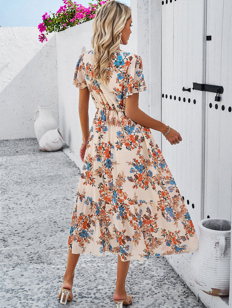 Apricot Floral V-Neck Sundress