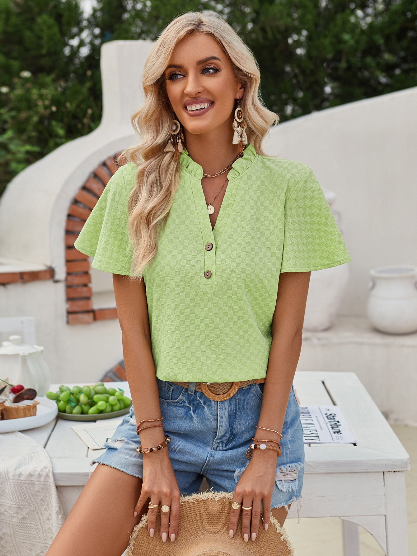 Solid Color V-Neck Button Slim Short Sleeve Top