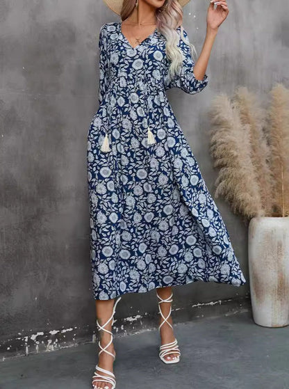 Blue Bohemian V-Neck Half Sleeves Dress