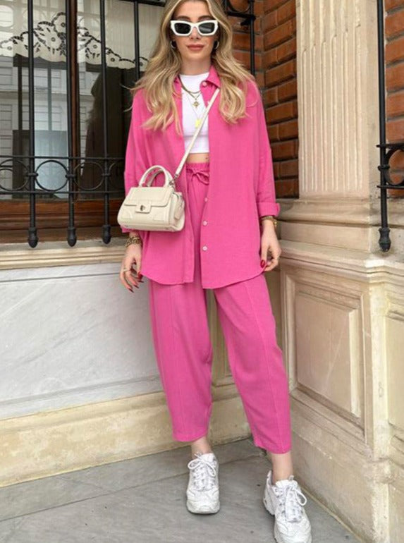 Casual Solid Color Loose Shirt High-Waisted Pants