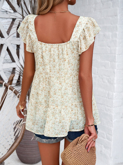 Apricot Floral Print Square Neck Temperament Top