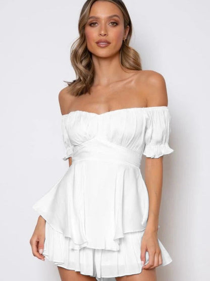 Sexy White Off Shoulder Tie Waist Top and Short Set