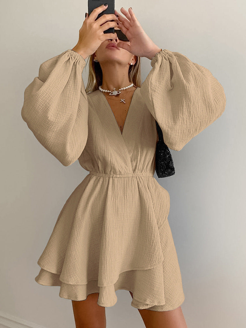 Casual Slim Deep V-Neck Lantern Sleeve Dress