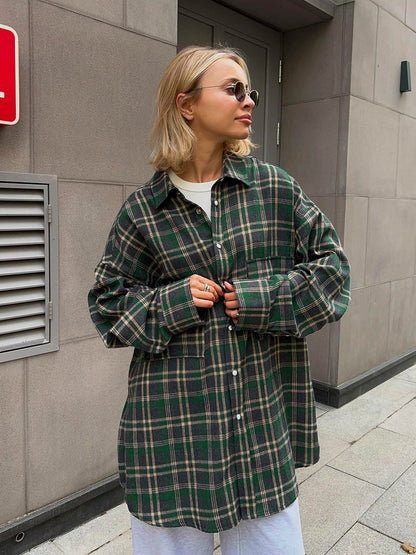 Green Loose Retro Double Pocket Plain Long Sleeve Shirt