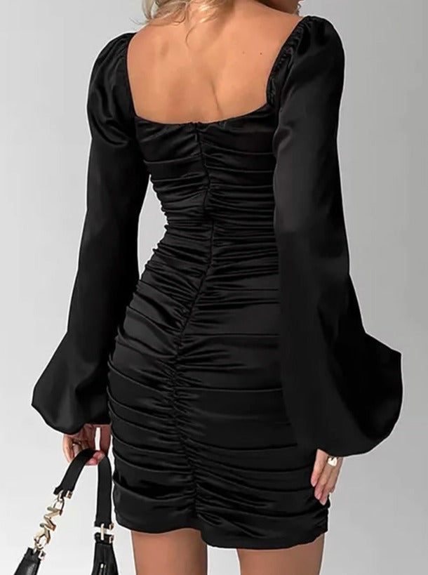 Square Neck Bell Sleeve Pleated Black Dress