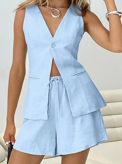 Lace-Up Wrinkled V-Neck High-Waist Casual Two-Piece Suit