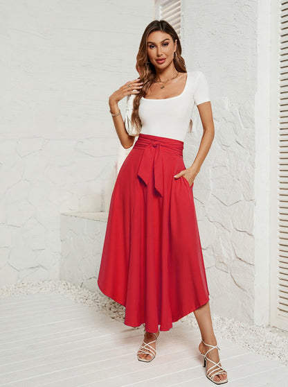 Solid Color Tie Waist Flared Lace Skirt