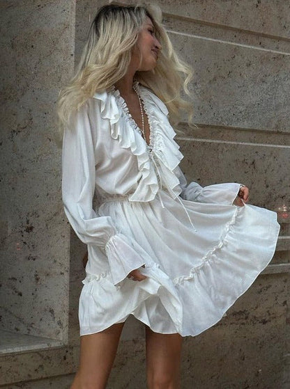 Pleated Ruffled V-Neck White Dress