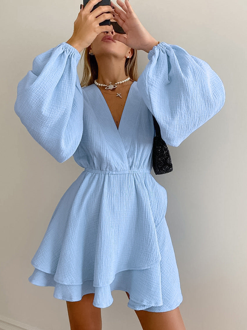 Casual Slim Deep V-Neck Lantern Sleeve Dress