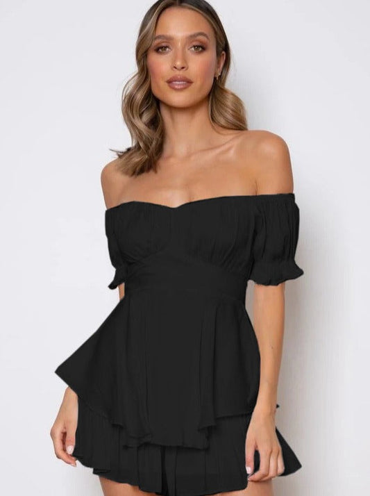 Sexy Black Off Shoulder Tie Waist Top and Short Set