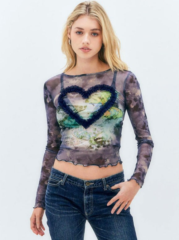 Long Sleeve Round Neck Mesh Heart Printed Shirt