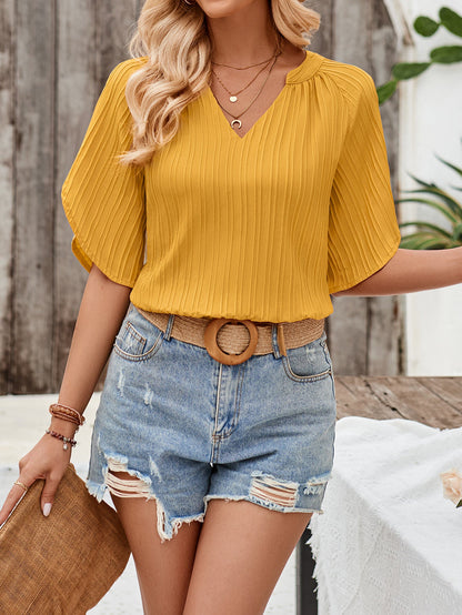 Solid Color V-Neck Slim Hollow Tops