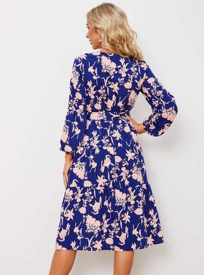 V-Neck Long Sleeve Tropical Printed Dress