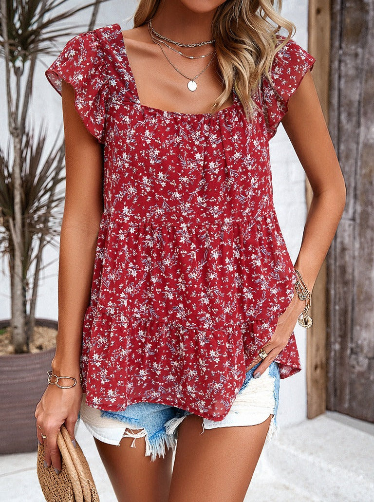 Red Floral Print Square Neck Temperament Top