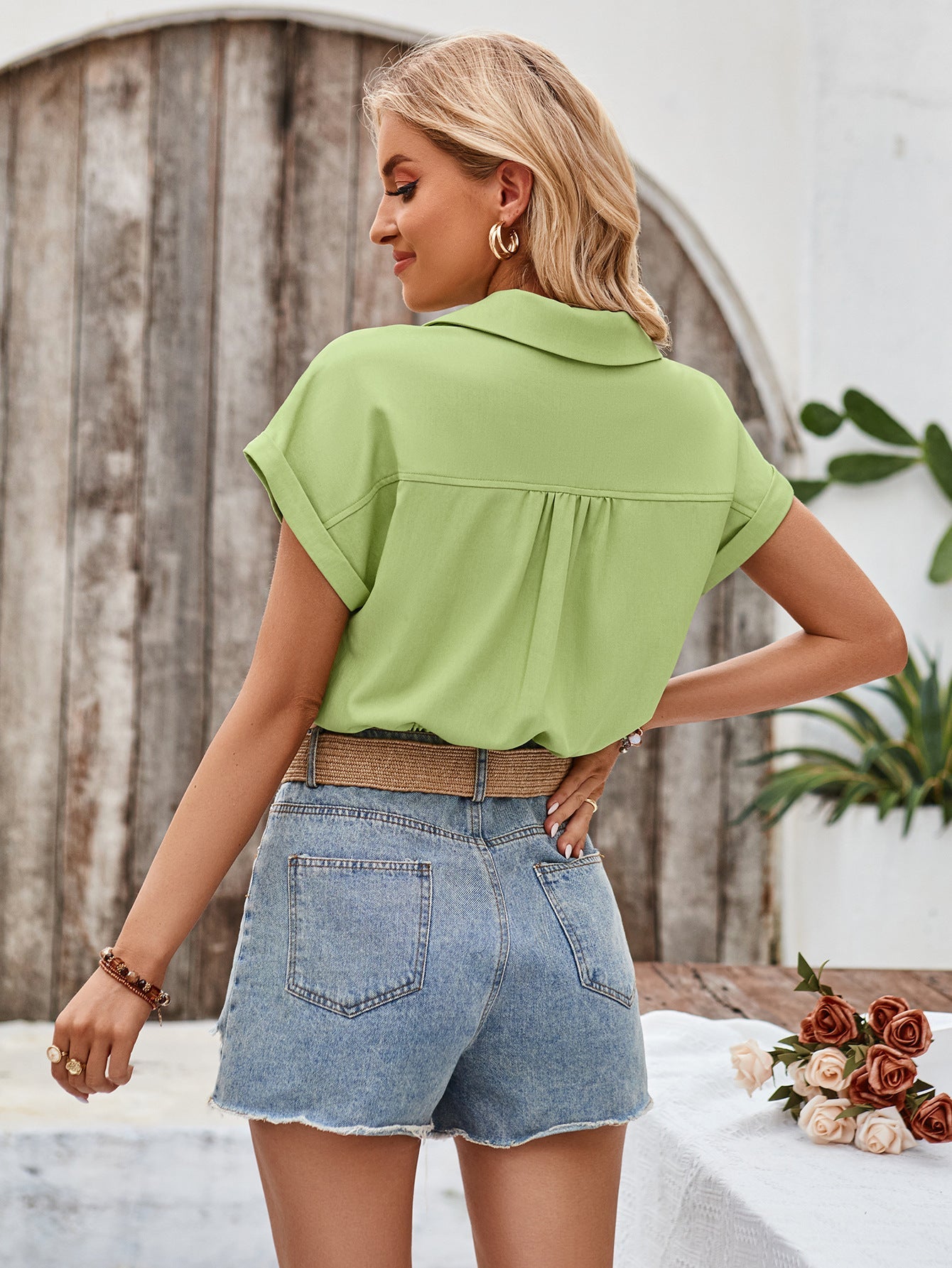 Solid Color Short Sleeve Button Down Crop Top