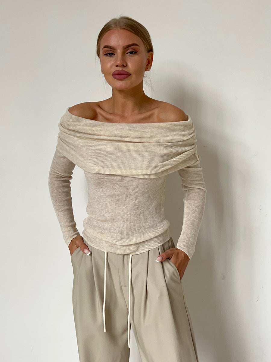 Beige Off Shoulder Long Sleeves Pull Over Shirt