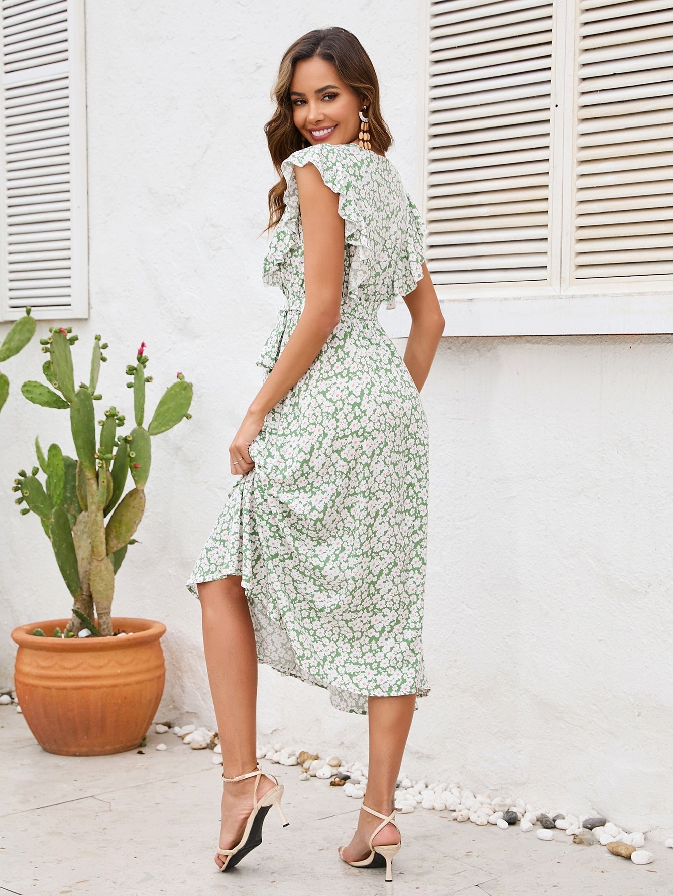 Lotus Leaf Sleeve V-Neck Bohemian Swing Dress