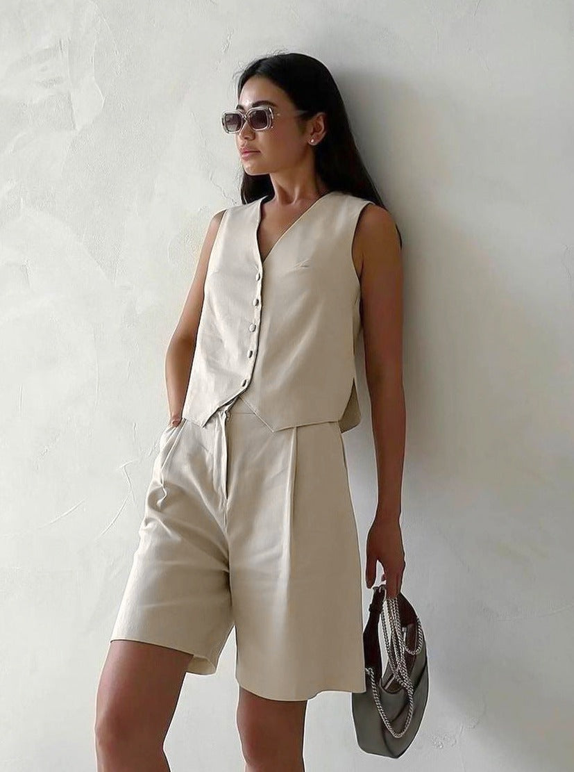 Temperament Solid Color Sleeveless High-Waist Casual Suit